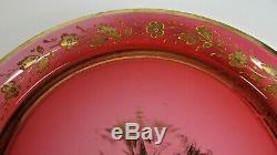 Antique Victorian Enameled Cranberry Glass Tray Dish Plate Bohemian MOSER Gilt