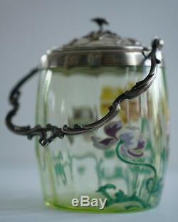Antique Victorian Enameled Vaseline Art art Glass Biscuit Jar Hand Painted Rare