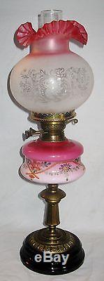 Antique Victorian English Oil Lamp Hp/enameled Font Dupex Burner Art Glass Shade