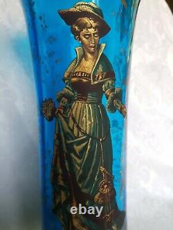 Antique Victorian Era French Style Hand Blown Blue Art Glass Vases Hand Painted