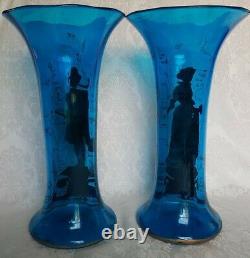 Antique Victorian Era French Style Hand Blown Blue Art Glass Vases Hand Painted