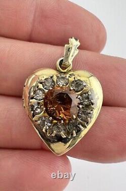 Antique Victorian Etruscan Gold Filled Citrine Paste Heart Photo Locket Pendant