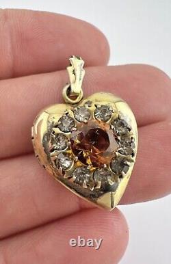 Antique Victorian Etruscan Gold Filled Citrine Paste Heart Photo Locket Pendant