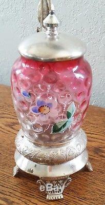 Antique Victorian FIGURAL FRUIT Art Glass Cranberry Hobnail Enamel Pickle Castor