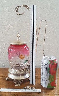 Antique Victorian FIGURAL FRUIT Art Glass Cranberry Hobnail Enamel Pickle Castor