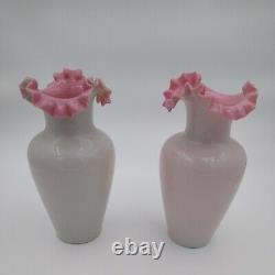 Antique Victorian Fireglow Pink Art Glass Vases Pair Cased (2) Large 11