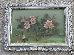 Antique Victorian Floral Apple Blossoms Oil Painting On Glass Orig Frame