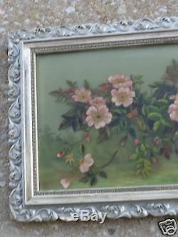 Antique Victorian Floral Apple Blossoms Oil Painting On Glass Orig Frame