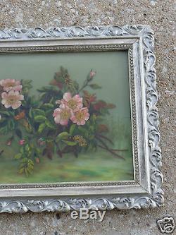 Antique Victorian Floral Apple Blossoms Oil Painting On Glass Orig Frame