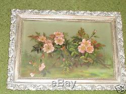 Antique Victorian Floral Apple Blossoms Oil Painting On Glass Orig Frame