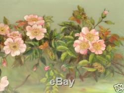 Antique Victorian Floral Apple Blossoms Oil Painting On Glass Orig Frame