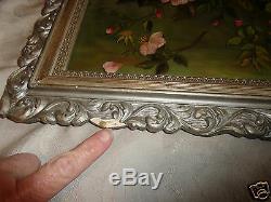 Antique Victorian Floral Apple Blossoms Oil Painting On Glass Orig Frame