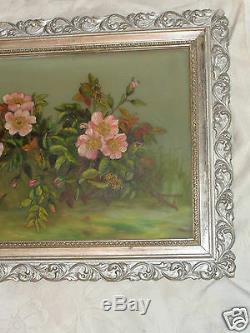 Antique Victorian Floral Apple Blossoms Oil Painting On Glass Orig Frame