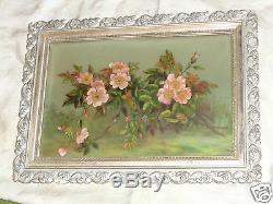Antique Victorian Floral Apple Blossoms Oil Painting On Glass Orig Frame
