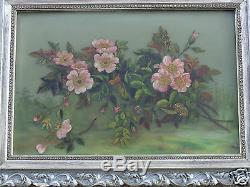 Antique Victorian Floral Apple Blossoms Oil Painting On Glass Orig Frame