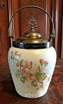 Antique Victorian Floral Decorated Art Glass Biscuit Jar