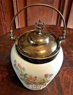 Antique Victorian Floral Decorated Art Glass Biscuit Jar