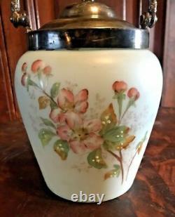 Antique Victorian Floral Decorated Art Glass Biscuit Jar