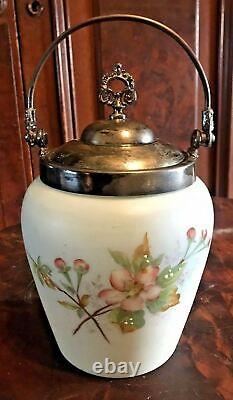 Antique Victorian Floral Decorated Art Glass Biscuit Jar