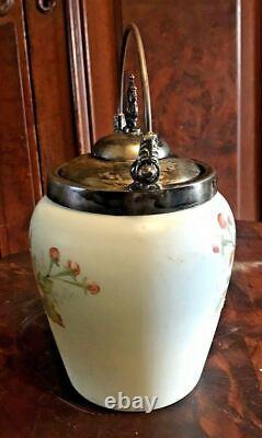 Antique Victorian Floral Decorated Art Glass Biscuit Jar