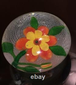 Antique Victorian Floral Paperweight Hand Blown Glass Orange Yellow Art Glass