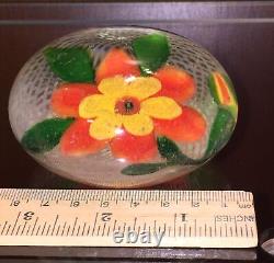 Antique Victorian Floral Paperweight Hand Blown Glass Orange Yellow Art Glass