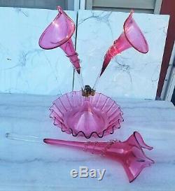 Antique Victorian French 3 Horn Epergne Cranberry Art Glass Vase Rigaree (As Is)