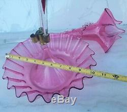 Antique Victorian French 3 Horn Epergne Cranberry Art Glass Vase Rigaree (As Is)