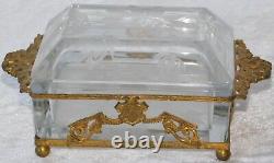 Antique Victorian French Bronze Ormolu Etched Frost Crystal Jewelry Box