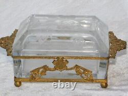 Antique Victorian French Bronze Ormolu Etched Frost Crystal Jewelry Box