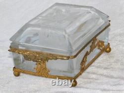 Antique Victorian French Bronze Ormolu Etched Frost Crystal Jewelry Box