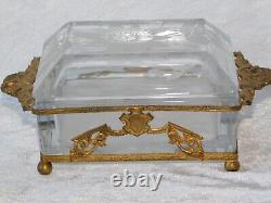 Antique Victorian French Bronze Ormolu Etched Frost Crystal Jewelry Box