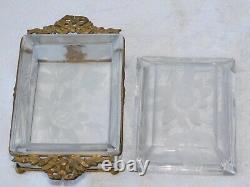 Antique Victorian French Bronze Ormolu Etched Frost Crystal Jewelry Box