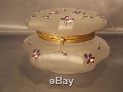 Antique Victorian Frosted Purple Enameled Violets Art Glass Dresser Jar Box