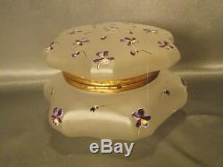 Antique Victorian Frosted Purple Enameled Violets Art Glass Dresser Jar Box