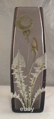 Antique Victorian Frosted Satin Art Glass Vase Dandelion Flower Enamel Painted