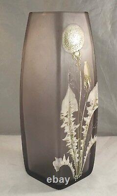 Antique Victorian Frosted Satin Art Glass Vase Dandelion Flower Enamel Painted