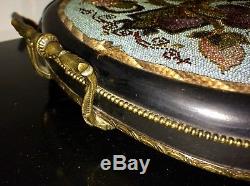 Antique Victorian Glass Beadwork Tray Ebonised Brass Handle Art Nouveau