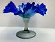 Antique Victorian Glass Bridal Bowl Blue Art Glass Hand Painted Metal Footed