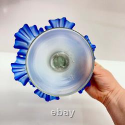 Antique Victorian Glass Bridal Bowl Blue Art Glass Hand Painted Metal footed