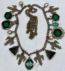 Antique Victorian Green Art Glass Intaglio Cameo Fleur De Lis Charm Necklace 30