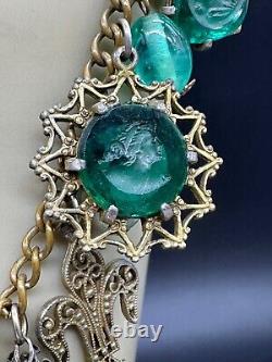 Antique Victorian Green Art Glass Intaglio Cameo Fleur De Lis Charm Necklace 30