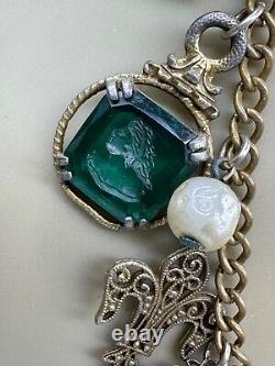 Antique Victorian Green Art Glass Intaglio Cameo Fleur De Lis Charm Necklace 30