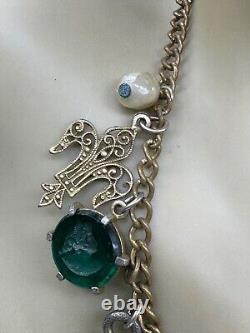 Antique Victorian Green Art Glass Intaglio Cameo Fleur De Lis Charm Necklace 30