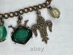 Antique Victorian Green Art Glass Intaglio Cameo Fleur De Lis Charm Necklace 30