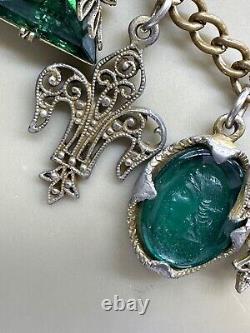 Antique Victorian Green Art Glass Intaglio Cameo Fleur De Lis Charm Necklace 30