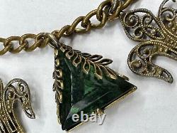 Antique Victorian Green Art Glass Intaglio Cameo Fleur De Lis Charm Necklace 30