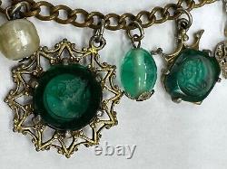 Antique Victorian Green Art Glass Intaglio Cameo Fleur De Lis Charm Necklace 30