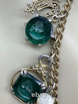 Antique Victorian Green Art Glass Intaglio Cameo Fleur De Lis Charm Necklace 30