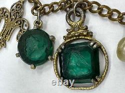 Antique Victorian Green Art Glass Intaglio Cameo Fleur De Lis Charm Necklace 30